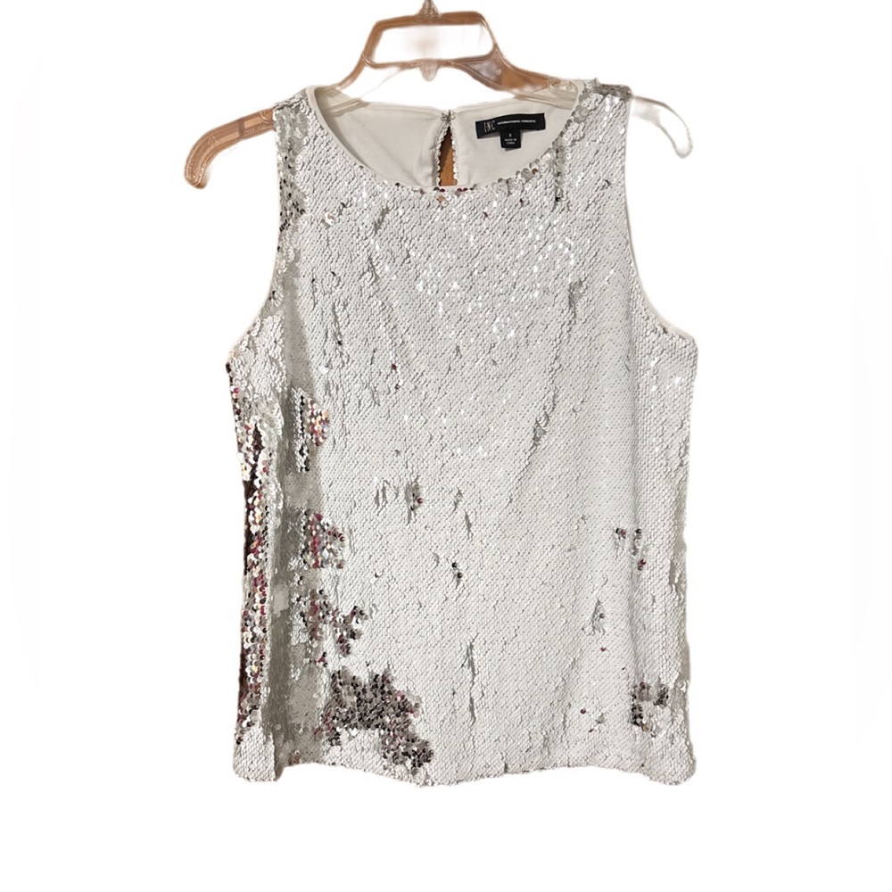 INC International Concepts White Top with Silver & White Sequins Small